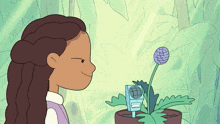 a cartoon of a girl looking at a plant with a sign that says ' a ' on it