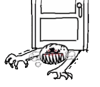 a drawing of a monster crawling out of a door .