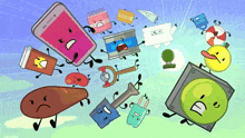a bunch of cartoon characters including a cell phone and a notepad