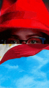 a woman wearing glasses and a red hat covering her face with a flag