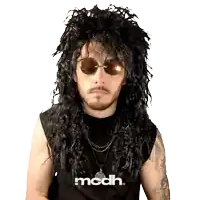 a man wearing a black wig and sunglasses has the word mcdh written on his shirt