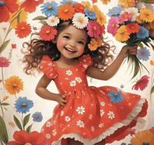 a little girl in a red dress with flowers in her hair