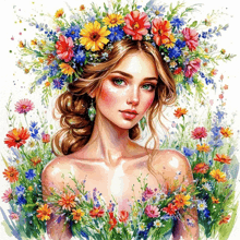 a painting of a woman with a wreath of flowers in her hair