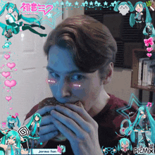 a man is eating a hamburger with hatsune miku on the background