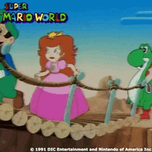 a super mario world cartoon shows princess daisy and yoshi on a bridge