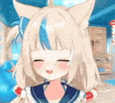a blonde anime girl with cat ears is smiling