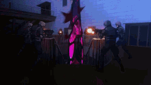 a group of people are standing in a dark room with red lines coming out of the wall
