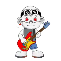 a cartoon of a monkey holding a guitar that says zhot on it