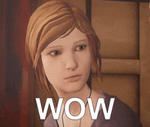 a video game character with the word wow written on it