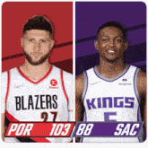 two basketball players from the blazers and the kings are standing next to each other