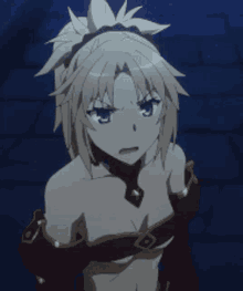 a naked anime girl with a flower in her hair is looking down
