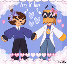 a couple of cartoon characters standing next to each other with the words " very in love " written above them