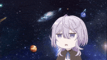 a girl with purple hair stands in front of a starry sky