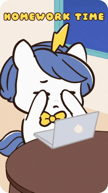 a cartoon of a unicorn sitting at a table with a laptop and the words " homework time " above it