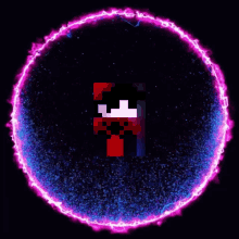 a pixel art of a person in a red and white shirt is surrounded by a purple circle of lightning