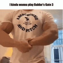 a man with huge muscles is wearing a white shirt that says abercrombie and fitch