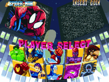 a player select screen for a video game featuring spider-man wolverine iron man and captain america