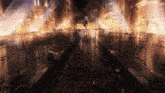 a painting of a woman walking down a dark street with a bottle of wine on the ground