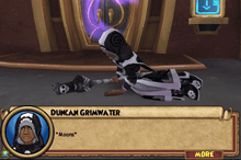 a video game character named duncan grimwater laying on the ground