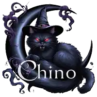 a black cat wearing a witch hat sits on a crescent moon with the name chino written below it