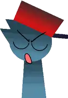 a blue cartoon character with a red hat and a red nose