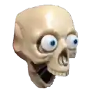 a cartoon skull with big blue eyes and a ring in its mouth .