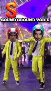 two men are dancing in front of a sign that says s sound ground voice