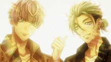 two anime characters are standing next to each other and one is giving a thumbs up