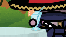 a cartoon drawing of a person wearing a sombrero holding a drink with a straw