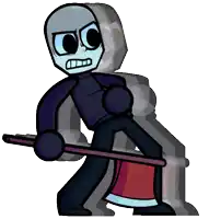 a cartoon character is holding an axe with a purple handle