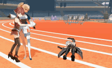 two anime girls are standing on a track with a robot laying on the ground