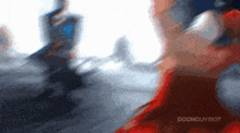 a blurry image of a person with the word doom on the bottom right