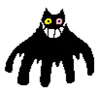 a pixel art of a black cat with yellow and pink eyes