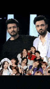 two men are standing next to each other in front of a collage of twice girls