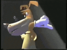 a cartoon character with a hat and gloves is standing in a dark room .