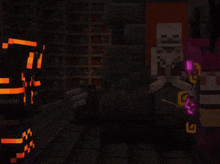 a minecraft character with a purple glowing sword stands next to another character