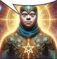 a painting of a woman with down syndrome wearing a blue hijab