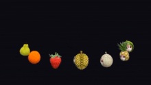 a strawberry an orange a pear a durian and a pineapple are lined up in a row on a black background