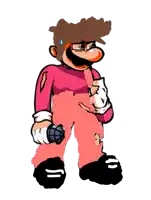 a cartoon drawing of mario holding a microphone and wearing pink pants