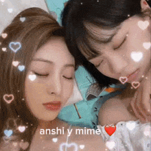 two women are laying next to each other with hearts around them and the words anshi y mime on the bottom