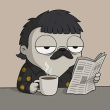 a man with a mustache is reading a newspaper and drinking coffee