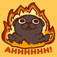 a cartoon of a pug on fire with the words ahhhh written below it