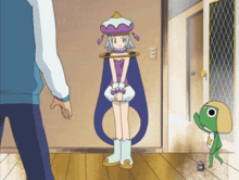 a girl in a purple and white outfit stands next to a man