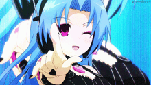 a girl with blue hair and pink eyes giving the peace sign
