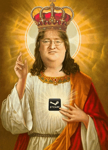 jesus wearing a crown and holding a steam logo