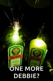 two bottles of jagermeifter with sparklers behind them and the caption one more debbie