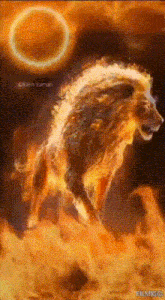 a painting of a lion with flames coming out of it 's fur