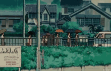 a group of people walking across a bridge with umbrellas in front of a sign that says " ふとん 店 " on it