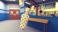 a cartoon character is flying through the air in front of a dorm room