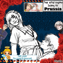 a black and white drawing of a girl and a boy with the words your vital regions belong to prussia